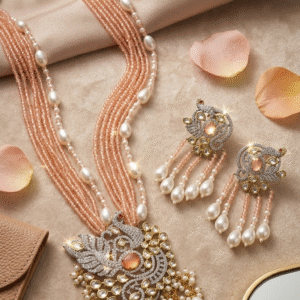 Mayura Zirconia Avani Pastel Pendant set With Peach Beads-Gold Finish