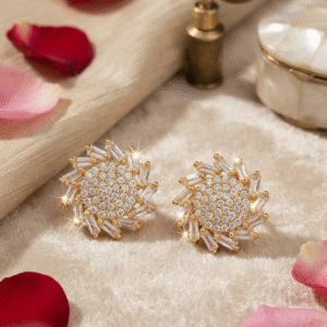 The Celestia Baguette Sunburst Diamond-Style Studs-Gold Finish