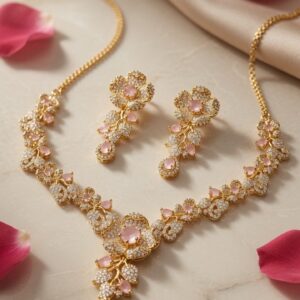 The Pastel Romance Blush Ivy Premium Pavè Floral Necklace Set With Rose Pink Teardrop-Gold Finish