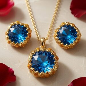 Ocean Majesty Blue Topaz-Style Pendant Set And Studs-Gold Finish