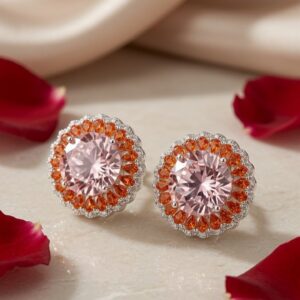 The Aurelia Blush Pink And Sunburst Orange Crystal Halo Studs-Platinum Finish