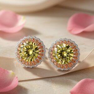 The Solis Canary Yellow And Peach Halo Studs-Platinum Finish
