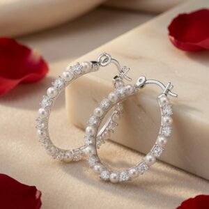 The Lunaria Pearl And Diamond-Style Pavè Hoops-Platinum Finish