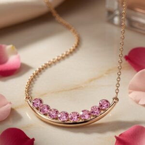 Aurora Pink Crystal Carved Bar Pendant Chain-Gold Finish