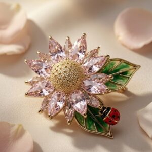 Blushing Helianthus Luxury Ladybug And Flower Brooch-Gold Finish