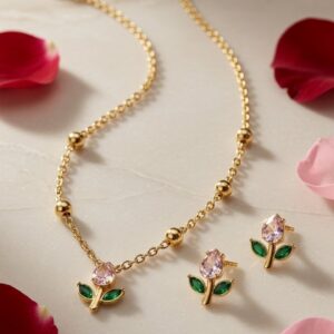 The Juliette Blush Pink Tulip Necklace Set-Gold Finish