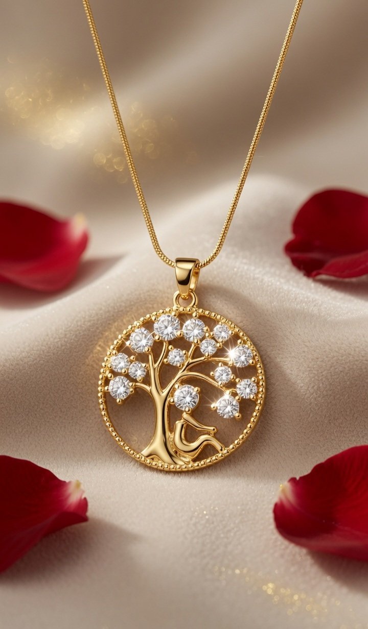 The Serenity Tree of life Pavè Pendant Chain-Gold Finish