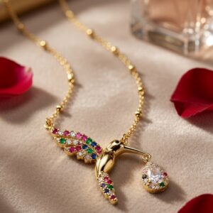 The Iris Rainbow Pavè Hummingbird Teardrop Pendant Chain-Gold Finish