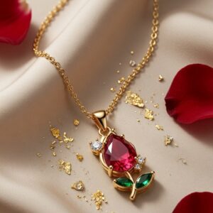 The Scarlet Crimson Ruby Rose Pendant Chain-Gold Finish