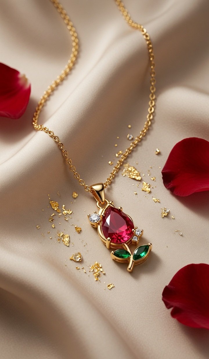 The Scarlet Crimson Ruby Rose Pendant Chain-Gold Finish