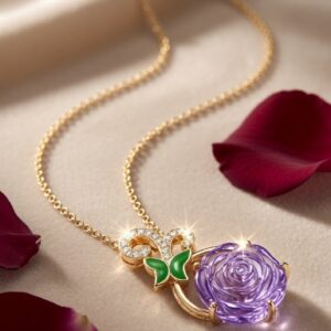 The Aurora Carved Purple Crystal Rose Pendant Chain-Gold Finish