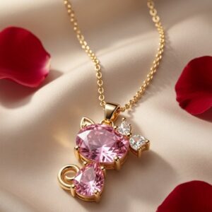 The Minette Pink Topaz Cat Silhouette Pendant Chain-Gold Finish