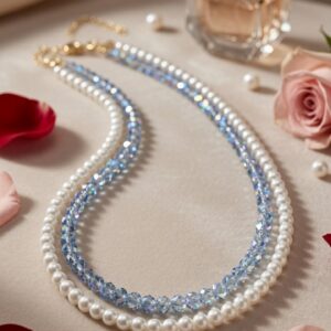 Ocean Whisper Double-Strand White Pearl And Aquamarine Necklace-Gold Finish