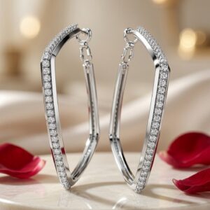 Elena Angular Elongated Pavè Hoops-Platinum Finish