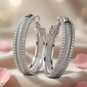Genevia Textured Lattice Mesh Pave Hoops-Platinum Finish