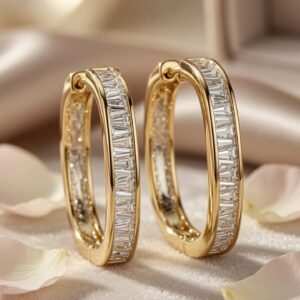 Celine Channel-Set Baguette Diamond-Style Hoops-Gold Finish