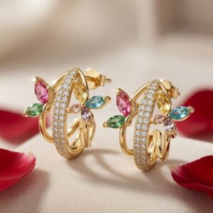 Primavera Multi-Gemstone Butterfly Marquise Open Hoops-Gold Finish