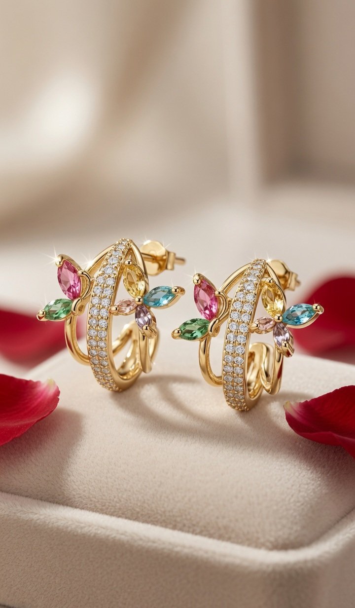 Primavera Multi-Gemstone Butterfly Marquise Open Hoops-Gold Finish