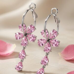 The Sakura Bloom Pink Drop cascading Hoops-Platinum Finish