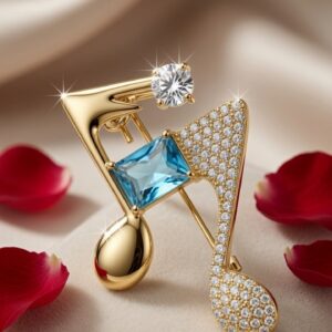 The Sonata Blue Topaz And Musical Note Brooch-Gold Finish