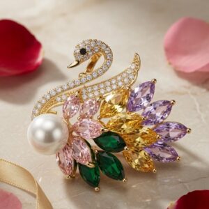 The Odette Marquise Rainbow Gemstone Marquise Swan Brooch-Gold Finish