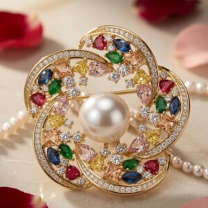 The Victoria Multi-Gemstone Pearl Wreath Rainbow Brooch-Gold Finish