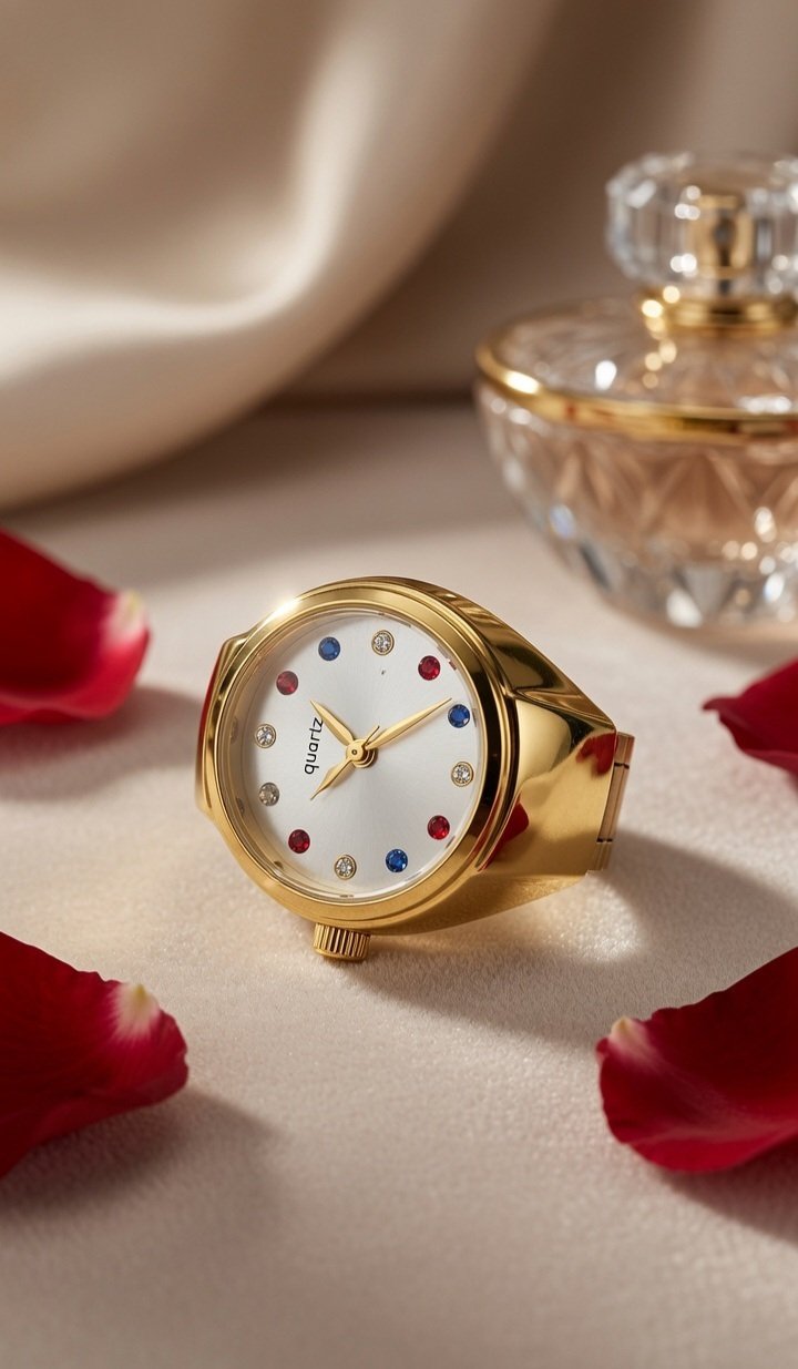 Elysian Multicolour Chronos Dial Statement Ring Watch Adjustable-Gold Finish