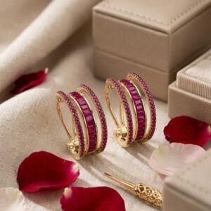 Mansion Ruby Baguette Architectural Hoops-Gold Finish