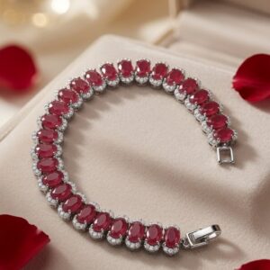 Scarlet Royalty Oval Gemstone Diamond-Style Line Tennis Bracelet-Platinum Finish