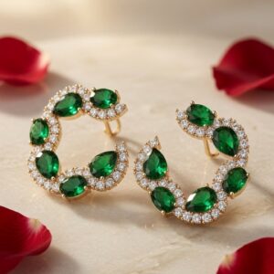 The Verdant Crescent Emerald Halo Studs Earrings-Gold Finish