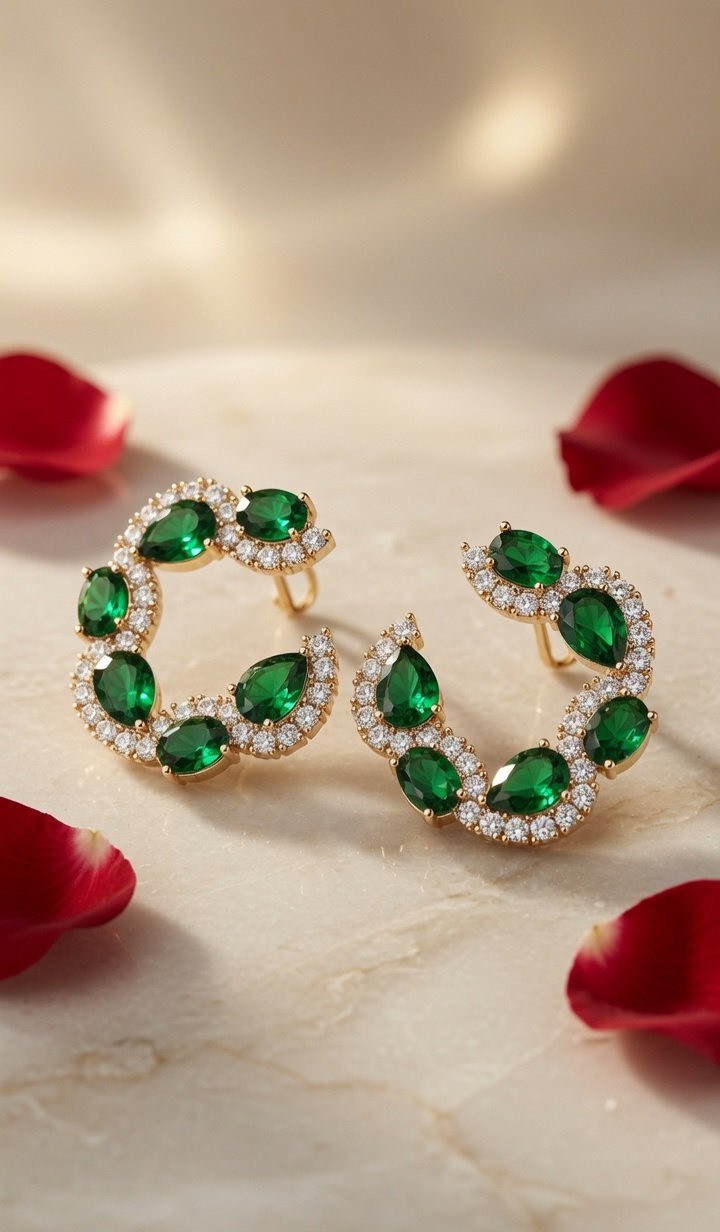 The Verdant Crescent Emerald Halo Studs Earrings-Gold Finish