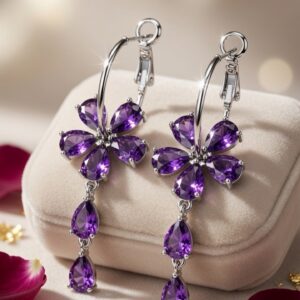 Violet Petal Cascading Blossom Drop Hoops-Platinum Finish