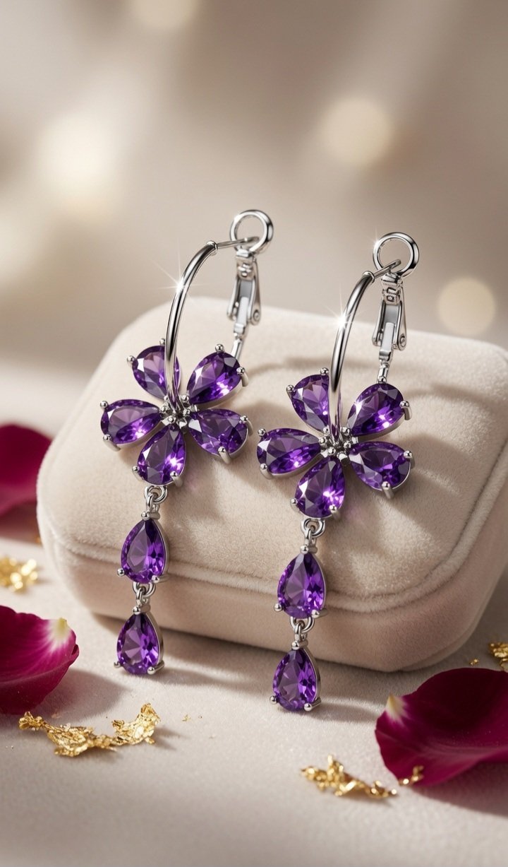 Violet Petal Cascading Blossom Drop Hoops-Platinum Finish