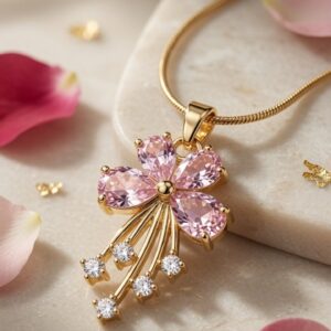 The Sakura Radiance Pink Floral Pendant Chain-Gold Finish