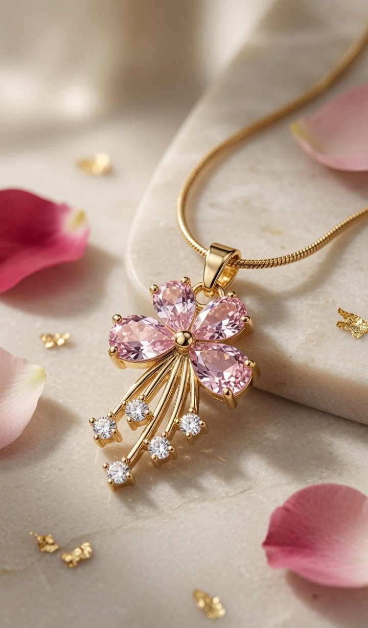 The Sakura Radiance Pink Floral Pendant Chain-Gold Finish