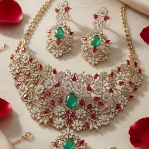 Imperial Heritage Pear-Cut Emerald And Crimson Ruby Lattice Bridal Choker Set-Matte Finish