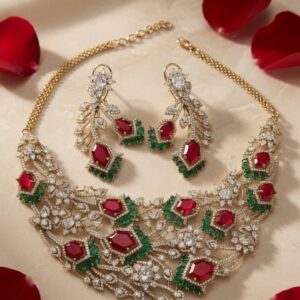 Sovereign Geometric Ruby-Emerald Mosaic Diamond-Style Mesh Bridal Choker Set-Combination Finish