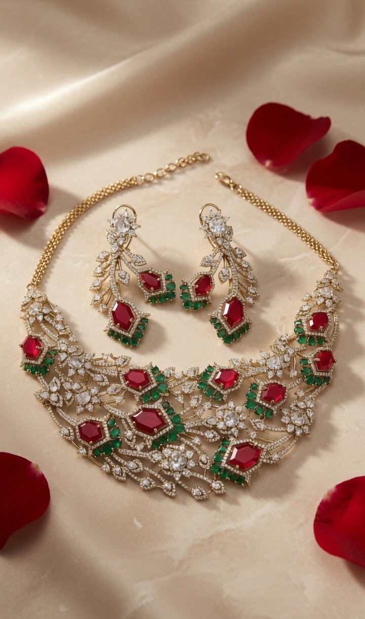 Sovereign Geometric Ruby-Emerald Mosaic Diamond-Style Mesh Bridal Choker Set-Combination Finish
