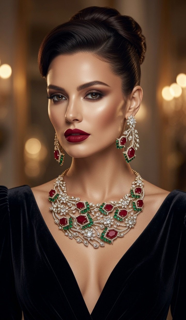Sovereign Geometric Ruby-Emerald Mosaic Diamond-Style Mesh Bridal Choker Set-Combination Finish - Image 2