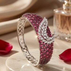 The Scarlet Plume Marquise And Pavè Ruby Kada Bracelet-Platinum Finish