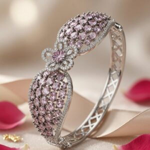 The Rosalia Lattice Pavè Pink Tourmaline Floral Kada Bracelet-Platinum Finish
