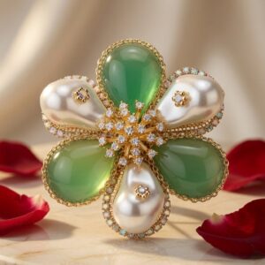 The Jardin Mint Green And Peral Sculpted Floral Brooch-Gold Finish