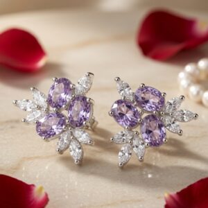 The Violet Blossom Oval Gemstone Amethyst Studs-Platinum Finish