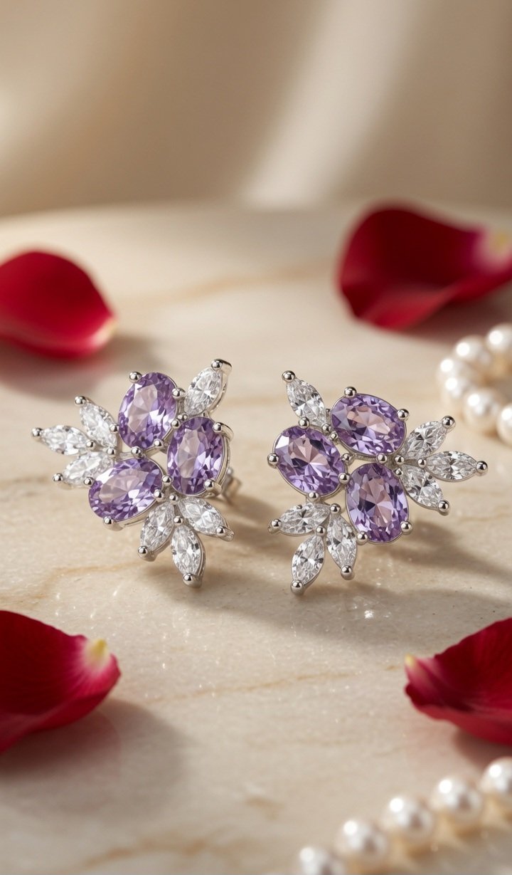 The Violet Blossom Oval Gemstone Amethyst Studs-Platinum Finish
