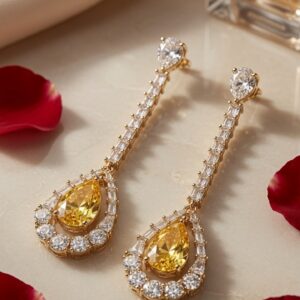 The Regal Citrine Baguette Stream Drop Earrings-Gold Finish