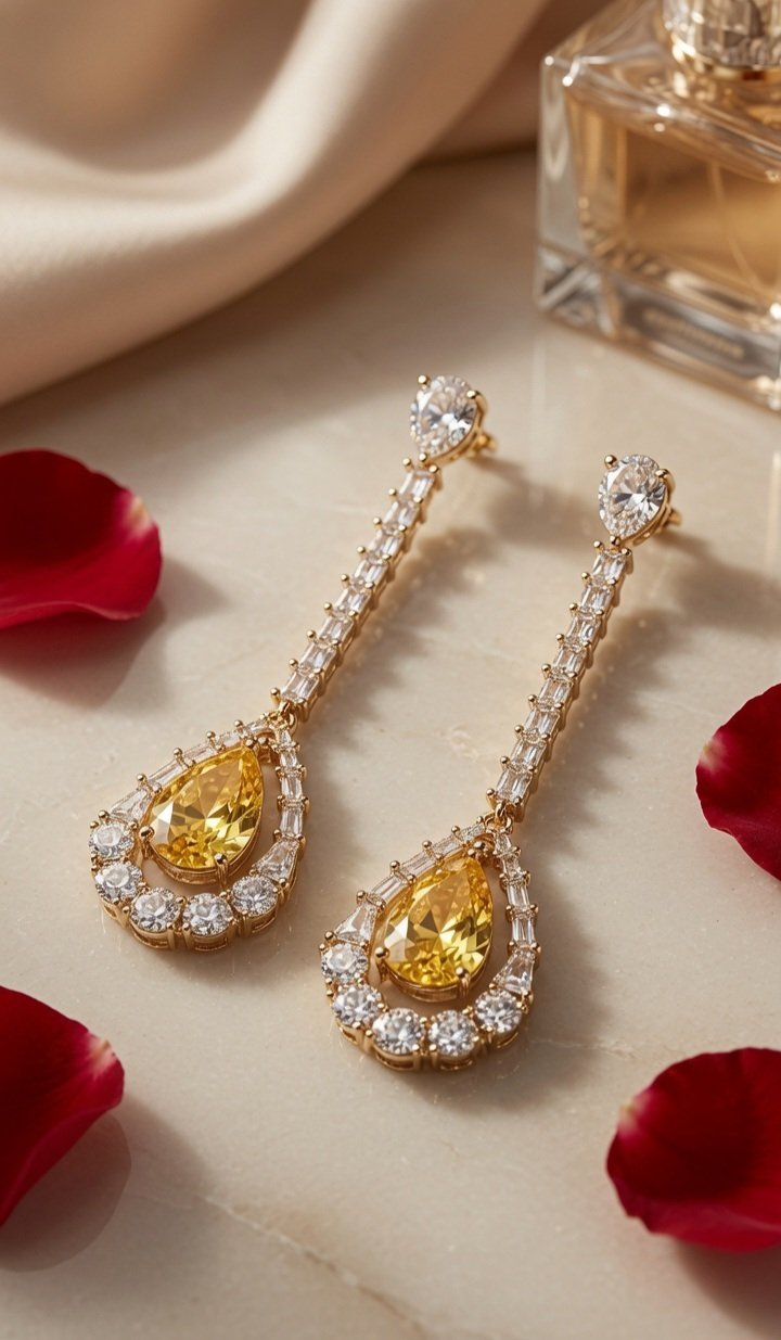 The Regal Citrine Baguette Stream Drop Earrings-Gold Finish