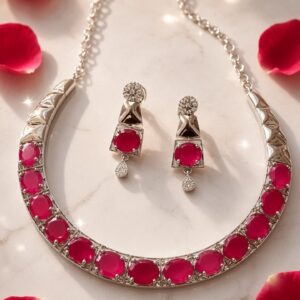The Crimson Ruby Morden Riviera Geometric Hasli Set-Platinum Finish