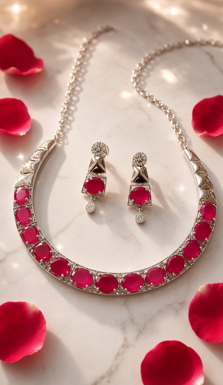 The Crimson Ruby Morden Riviera Geometric Hasli Set-Platinum Finish