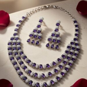 Regal Violet Three-Layer Amethyst Cascade Necklace Set-Platinum Finish