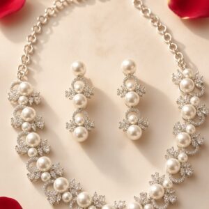 Ethereal Blossom Faux Peral Cluster Zirconia Choker Set-Platinum Finish